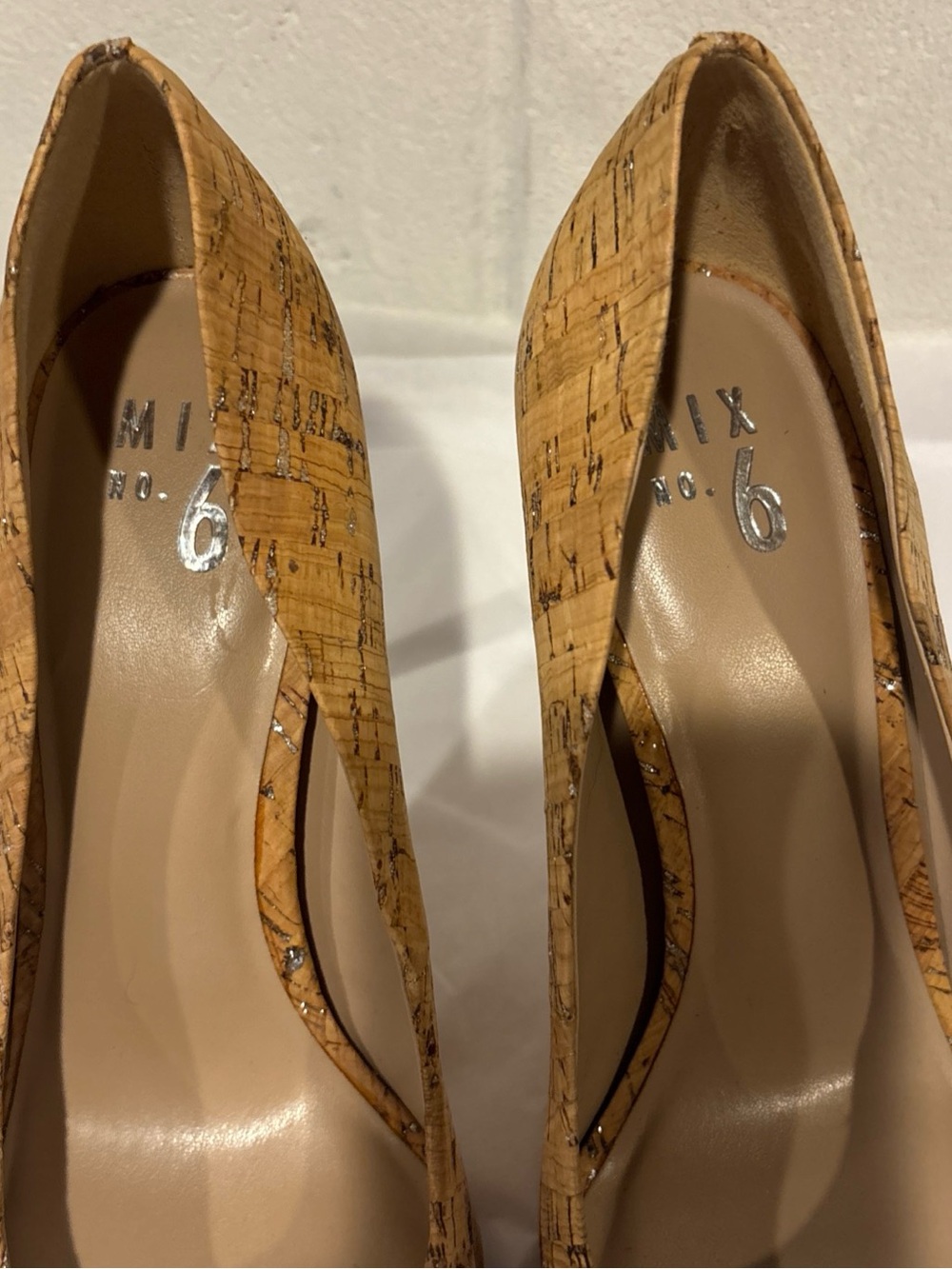 Mix No 6 Forest Cork Pumps Heels Clear Lucite Stilettos Silver Flecks 10M - Picture 3 of 10